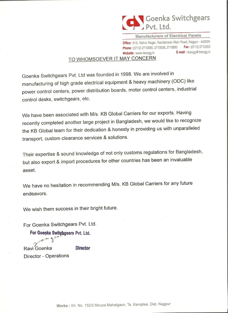 Goenka Switchgears Pvt Ltd testimonial